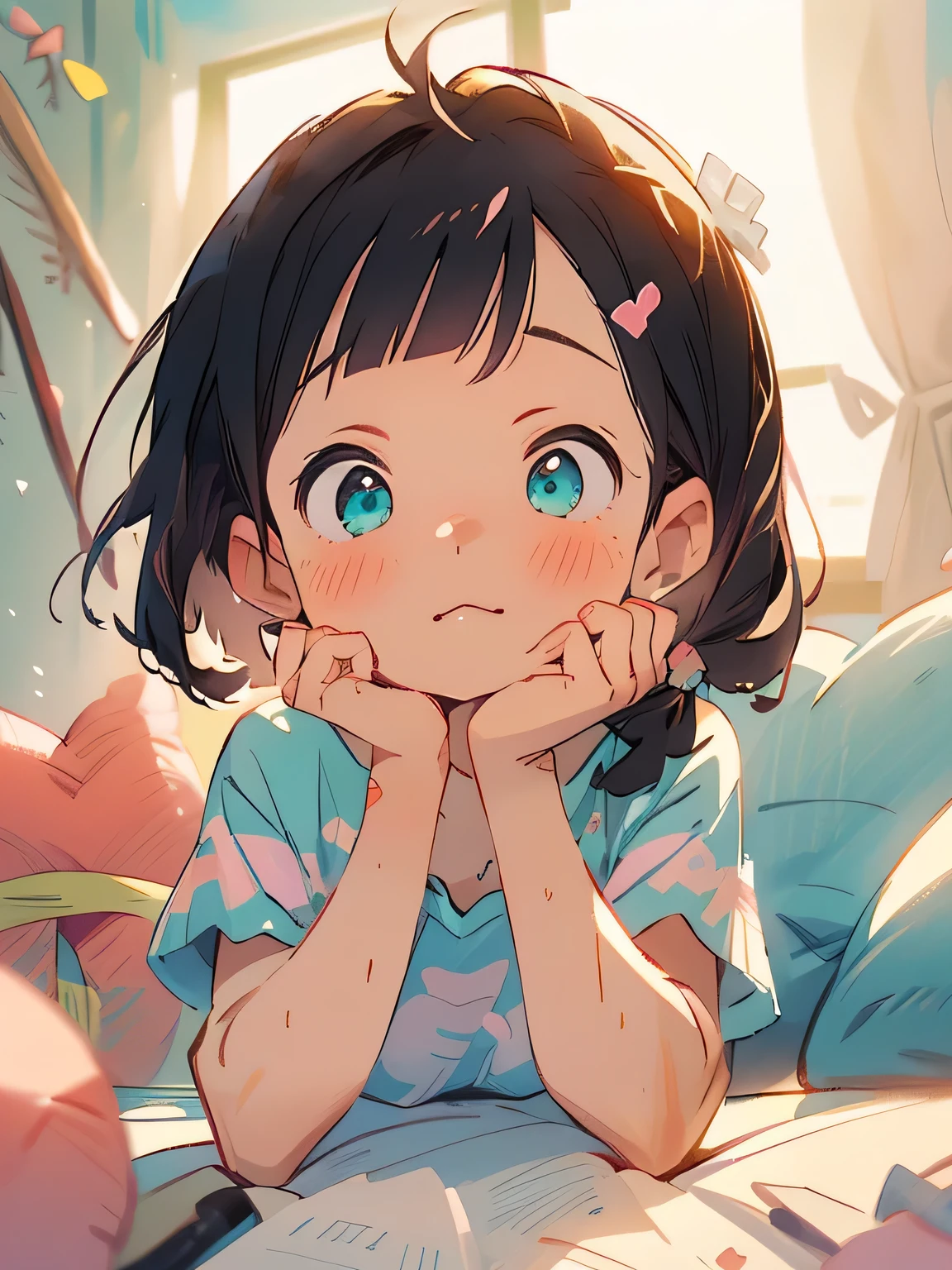 (masterpiece), (best quality), ultra high res, sharp focus, warm pastel tone, ((1 girl, solo)), upper body, side profile shot beautiful detailed hair, ((black hair)), (2 pink ribowns on the hair), beautiful detailed face, ((beautiful shape eyes, Turquoise eyes)), perfect feminine face, head up, looks up, surprise face, ((blush)), (marnie pokemon), (ponytails), ((assymmetrical bangs)), (marnie), (blushing), (pyjama), (room), (slumber party)