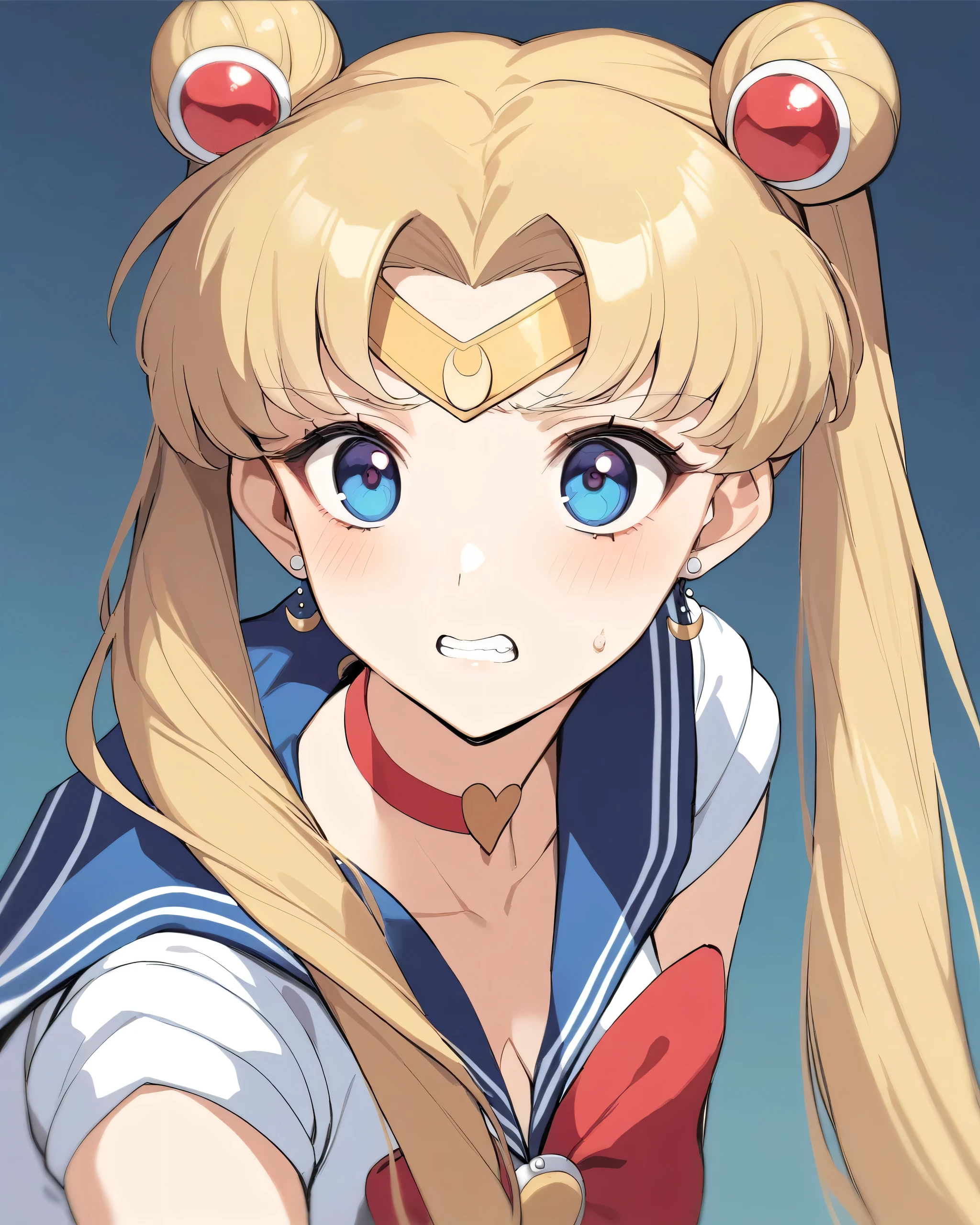 masterpiece,best quality,bishoujo_senshi_sailor_moon, heart, crescent, red_choker, teeth, sailor_senshi_uniform, sailor_moon, jewelry, breasts, small_breasts, bow, hair_bun, clenched_teeth, heart_choker, earrings, magical_girl, blue_sailor_collar, sailor_moon_redraw_challenge_(meme), sailor_shirt, sleeveless, collarbone, red_bowtie, sweatdrop, 1girl, solo, bowtie, circlet, cleavage, crescent_earrings, collared_shirt, sailor_collar, tsukino_usagi, sleeveless_shirt, meme, hair_intakes, shirt, upper_body, white_shirt, choker, red_bow