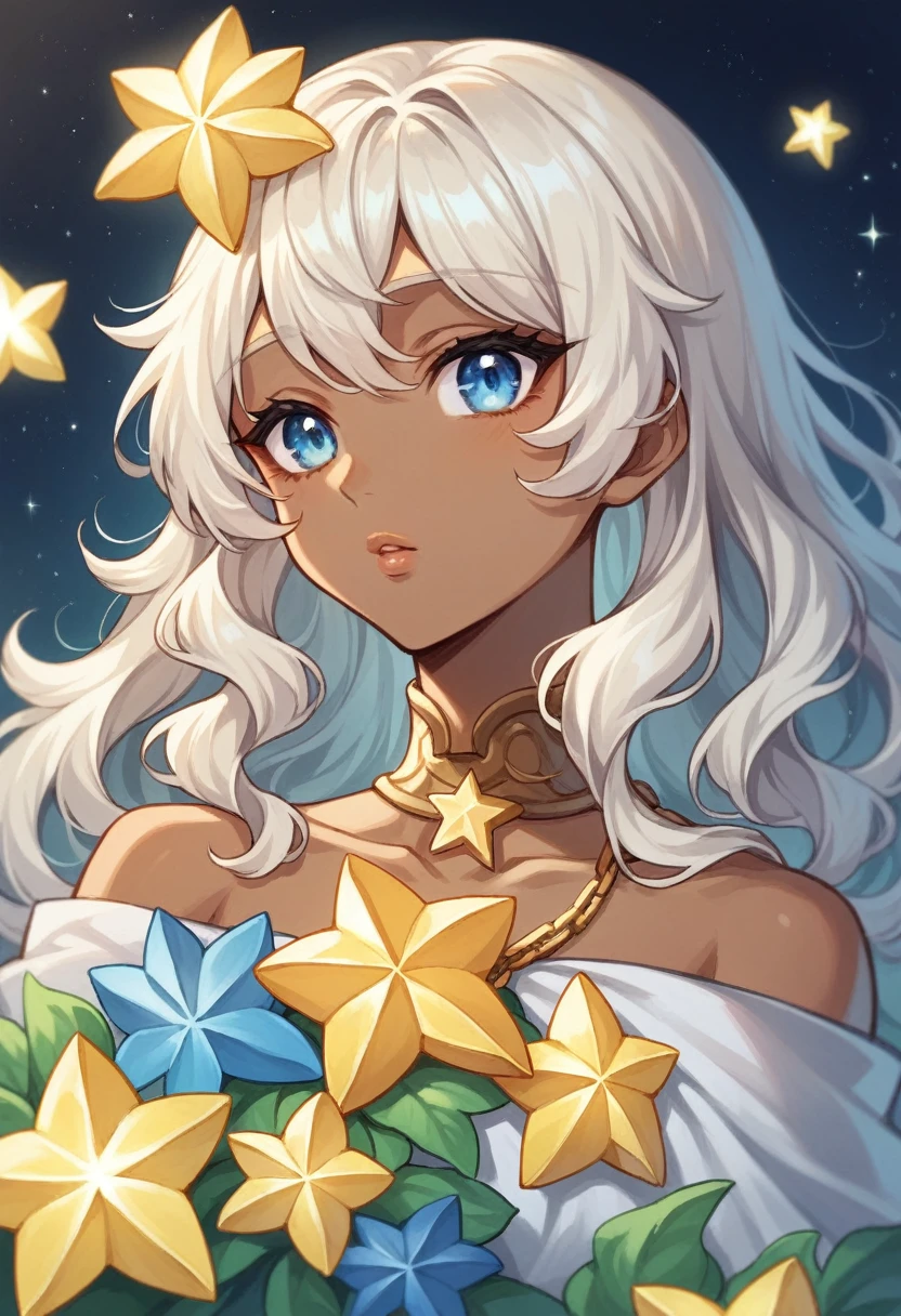 A beautiful girl with wide big eyelashes eye, blue eyes, long hair, soft lips, brown skin, hair blue, wavy hair, hair bangs, yellow glowy stars on hair, white tip with light blue, neck chain with a white star, right gaze, glow around, fantasy, magical