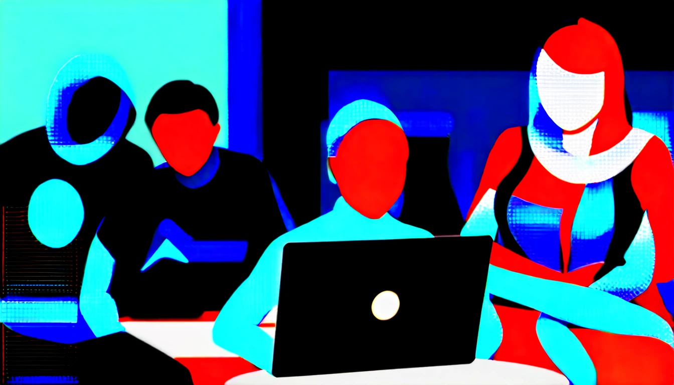 A startup team collaborating on a project with laptops and tablets in a trendy coworking space --ar 16:9