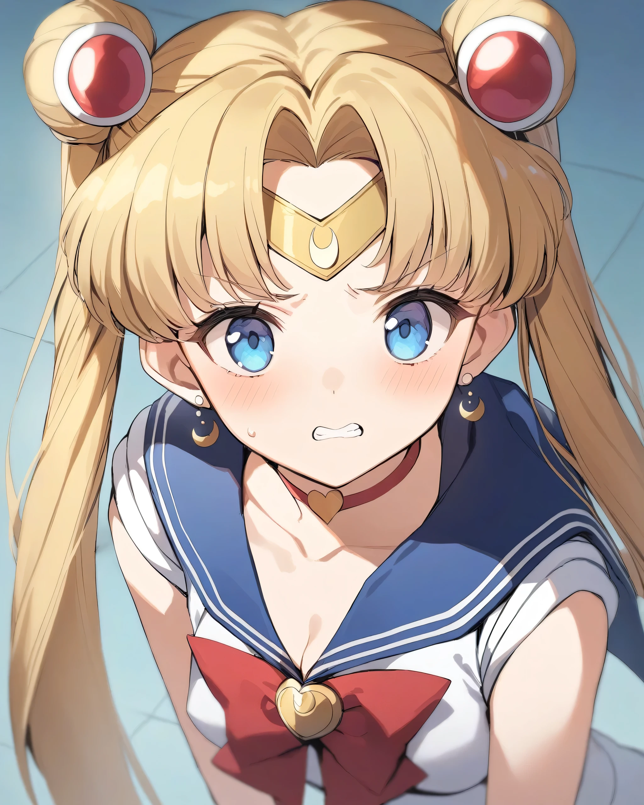 masterpiece,best quality,bishoujo_senshi_sailor_moon, heart, crescent, red_choker, teeth, sailor_senshi_uniform, sailor_moon, jewelry, breasts, small_breasts, bow, hair_bun, clenched_teeth, heart_choker, earrings, magical_girl, blue_sailor_collar, sailor_moon_redraw_challenge_(meme), sailor_shirt, sleeveless, collarbone, red_bowtie, sweatdrop, 1girl, solo, bowtie, circlet, cleavage, crescent_earrings, collared_shirt, sailor_collar, tsukino_usagi, sleeveless_shirt, meme, hair_intakes, shirt, upper_body, white_shirt, choker, red_bow