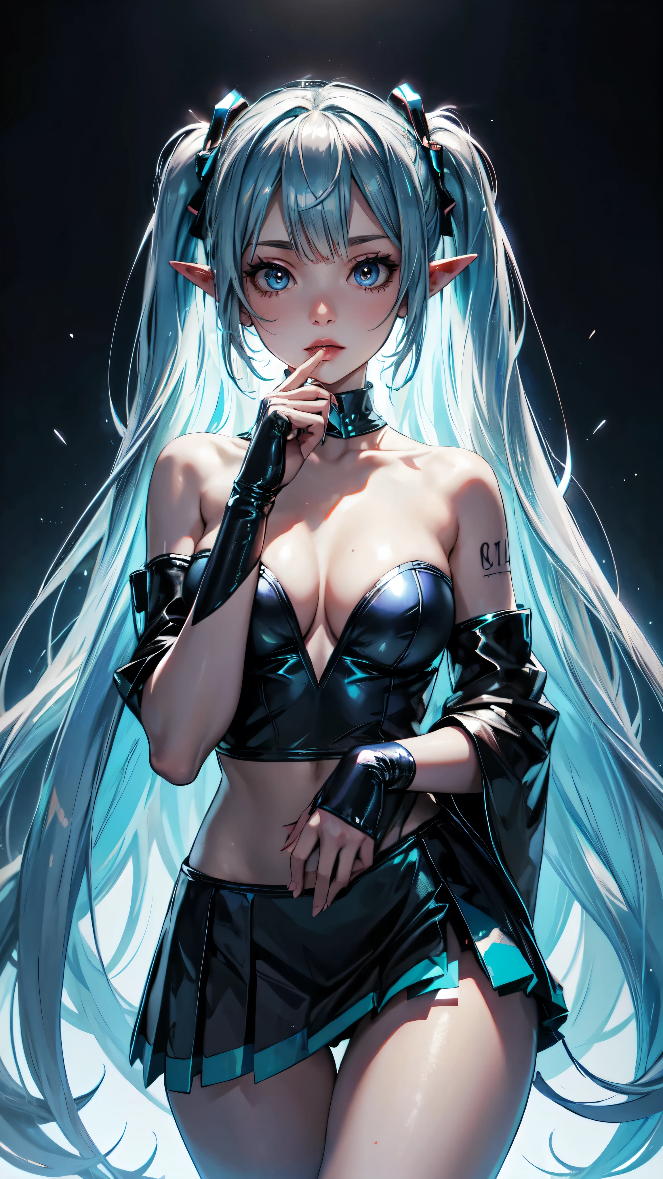 ,blue theme, Hatsune Miku portrait,masterpiece, magic , (impossible clothes:1.5), Miniskirt, gradient background, silver blue hair, , blunt bangs,side lock, pink eyes, (ulzang-6500-v1.1:0.9), Medium , breasth clearance, hair accessories, Arched back, Black_witch_have,complex_deco,mystery_fountain,luminescent_crystal
detailed eyes, detailed hands, detailed face, elf girl, full body