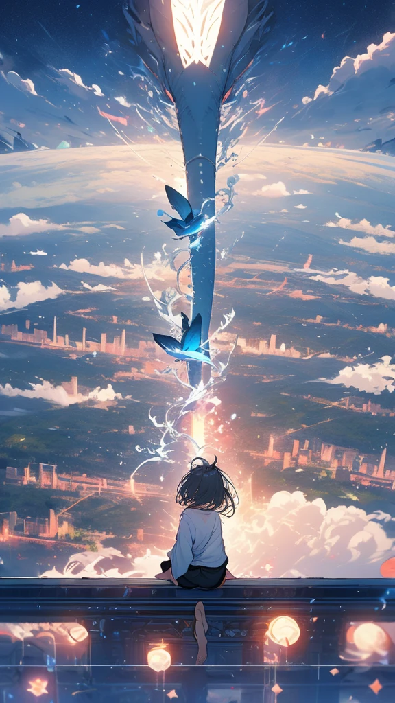 monochrome color、masterpiece, Exquisite detail,Highest quality, One girl, alone, handrail, cloud, Looking up at the buildings,Long Hair, NULL, Long sleeve, Power lines, White footwear, Black Hair, View your viewers, Electric pole, bangs, cloudy NULL, fish, bird, Green Eyes, Shorts, Day, Black Shirt, barefoot,Whale flying in the sky,Giant whale,night,star,milky way,night,Pitch black,Buildings,Sitting