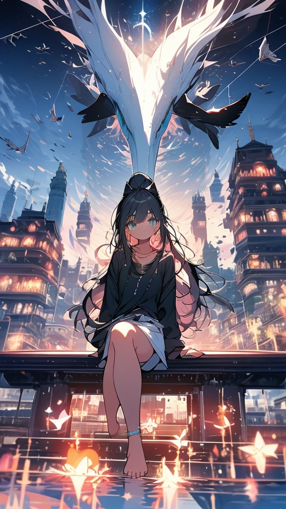 monochrome color、masterpiece, Exquisite detail,Highest quality, One girl, alone, handrail, cloud, Looking up at the buildings,Long Hair, NULL, Long sleeve, Power lines, White footwear, Black Hair, View your viewers, Electric pole, bangs, cloudy NULL, fish, bird, Green Eyes, Shorts, Day, Black Shirt, barefoot,Whale flying in the sky,Giant whale,night,star,milky way,night,Pitch black,Buildings,Sitting