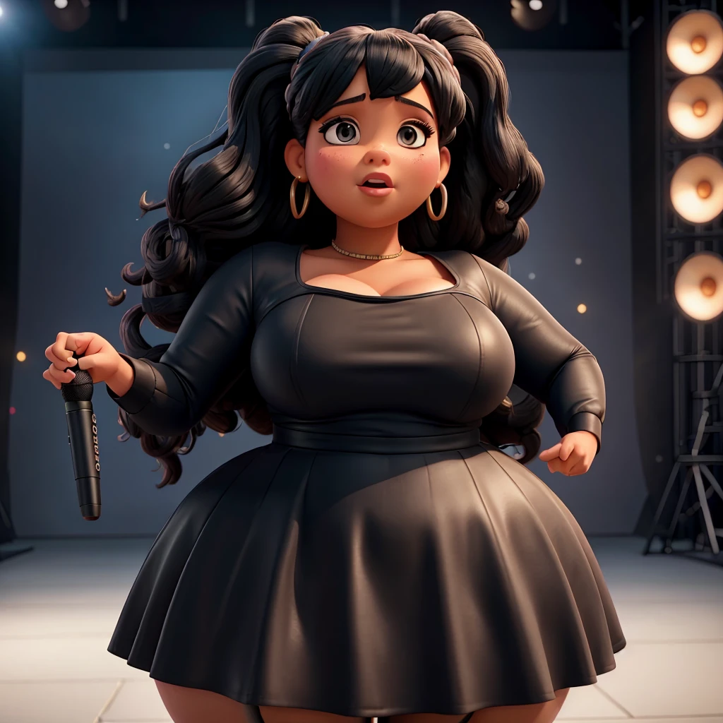 a close-up of a woman in black clothing holding a microphone, acting on stage, lizzo, live show, acting a music video, she has a round and fat belly, wearing atsuko kudo latex outfit, bbwchan, acting, taken at the beginning of 2020, thick, lover domme africana, vocalist
