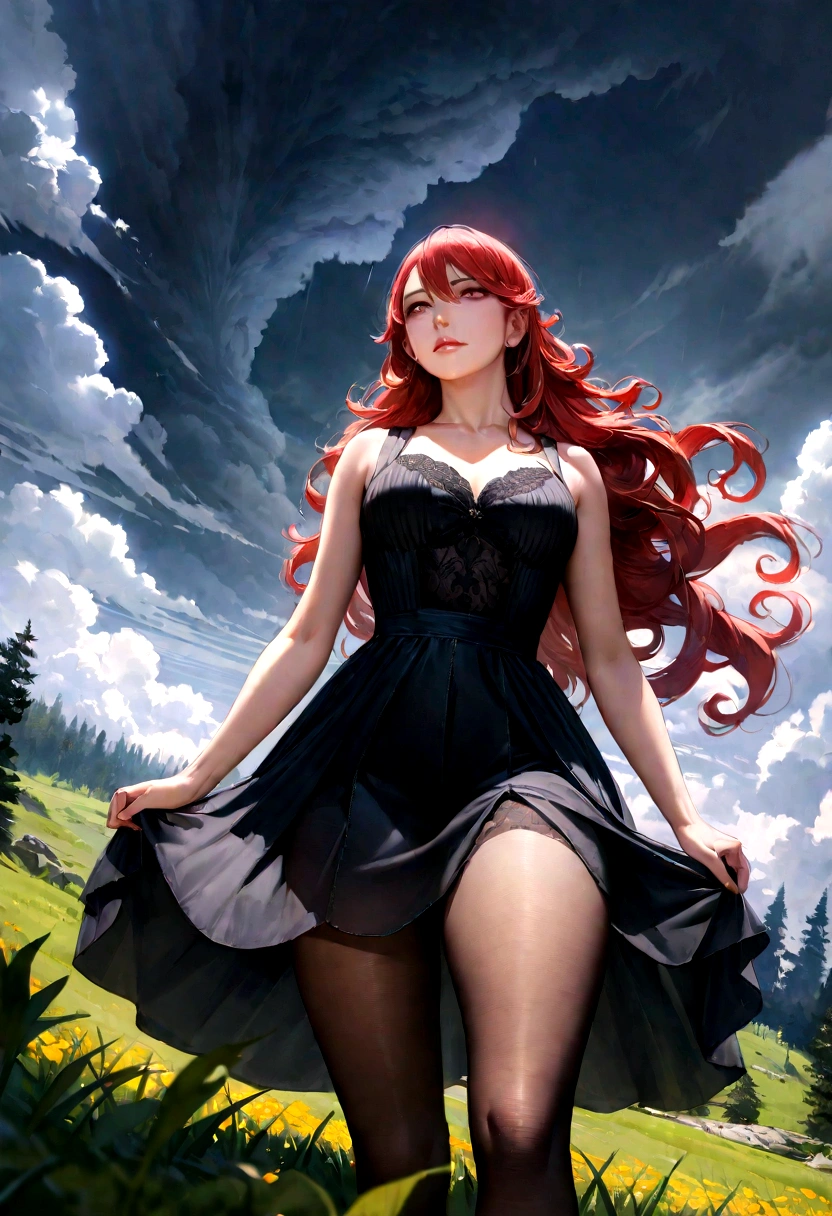 Paolla Oliveira, wearing a black organza dress, sheer dress, low-cut, black sheer stockings, full-body, from below, a low-angle shot, a ground-level shot, meadow, gray sky tornado. She is 30 years old, has red hair, long hair, CURLY HAIR AND LIGHT EYES. Her fabric is elegant and her overall appearance is stunning. The girl's face is extremely detailed with beautifully detailed lips. Her skin is anatomically correct with realistic textures. The image should have super high details and be of the best quality, with 8K resolution. The final result should be a masterpiece, showcasing the girl's beauty and the vibrant atmosphere of the sky and storm.