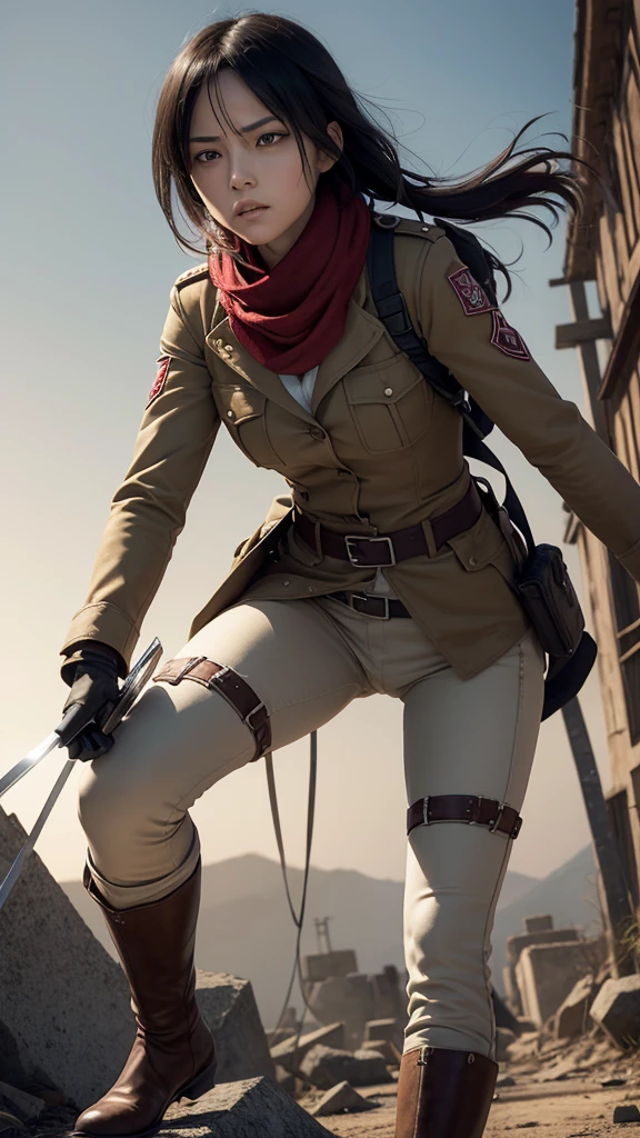 Draw Mikasa Ackerman, an iconic character from anime and manga "shingeki no kyojin" (Attack on Titan). She is known for her strength, agility and unwavering loyalty to your friends.Physical Details:muka:determined and serious expression.large, expressive eyes, usually showing a cold intensity.Bblack hair, smooth and short, usually cut at chin length with a slightly side-swept fringe.badass clothing:Uniform of the Exploration Troop (Survey Corps):Short brown jacket with the Survey Corps emblem on the sleeves and back.white shirt under the jacket.red scarf, an iconic item that Mikasa always uses, wrapped around the neck.Fitted beige pants.brown leather boots, highres, up to the knees.Fixtures:Fixtures de Manobra Tridimensional (3D Maneuver Gear):Attached to the waist and legs, with twin blades and propulsion hooks.Gas tubes and levers to control movements.Posture and Action:Mikasa may be in a combat stance, with one blade in a defensive position and the other ready to attack.Alternatively, it can be drawn in motion, utilizando o Fixtures de Manobra Tridimensional, with hooks thrown and the body leaning forward, indicating speed and agility.scenario:The setting may be a city in ruins, typical of battlefields in "shingeki no kyojin".Additional details may include titans in the background or teammates in action.Colors and Shadows:Use a sober and realistic color palette, highlighting the red of the scarf and the brown of the jacket.Add dramatic shadows to enhance the intensity and dynamism of the scene.