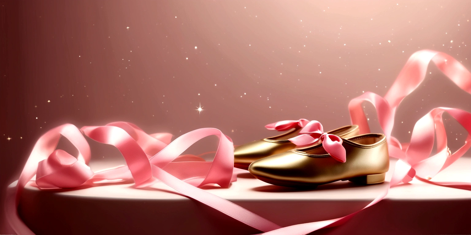 Banner graph；poster；There is a pair of small ballet shoes in the corner of the picture，Wrapped in a pink ribbon；Ribbons fill the screen；dream，mystery；Big scene；Golden pink hue。Low saturation；Background pure，Simplicity。Large blank space in the center。