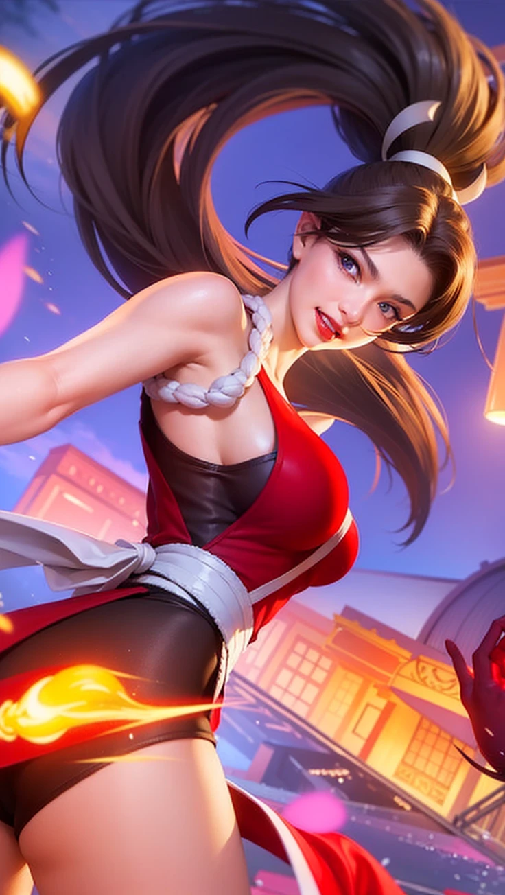 (female:1.2), 8k, ultra hd, ultra detailed texture, hyper realistic, masterpiece, detailed texture, detailed face, detailed skin, detailed lighting, (photorealistic:1.5), best quality, beautiful lighting, cinematic lighting, professional lighting, ultra highres, realistic, detailed hair, real hair, high quality, (realskin:1.5), extremely detailed, finely detail, ultra-detailed, 1girl, solo, elf, pointy ears, standing, demon horns, forehead protector, v-shapped eyebrow, lips, red lips, evil smile, nose, make up, pretty, beautiful, cute face, long hair, blue hair, high ponytail, large breasts, cleavage, armpit, navel, stomach, black armor, pauldrons, bare shoulders, shoulder armor, thigh high, sleevless, detached sleeves, breastplate, gauntlets, miya \(mobile legends\), depth of field, looking aways, white skin, skin tight, amazing pose, outdoors, glowing, dark view