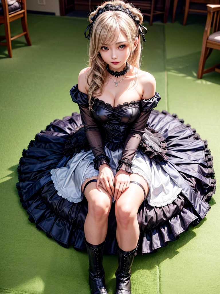 (8K, Photorealistic, Raw photo, of the highest quality: 1.3), (1girl in), Super beautiful, (Realistic face), (boyish, Silver Color Berry Shorthair), Beautiful , Glare that captivates the viewer, Beautiful expression, Beautiful breasts, (Realistic skin), Be...Super high quality, super high definition, super detailed, masterpiece, 20years old, female, cute, perfect face, beautiful, nice body, gothic ta clothes, gothic loliashion, frilly skirt, headdress, necklace, bracelet, knee-high socks, boots, double eyelids, tear bags, Detailed down to the fingers, photo-like description, indoors, dim indoor lighting, blonde hair, pony tail, standing, whole body, composition that shows the whole body, smiling