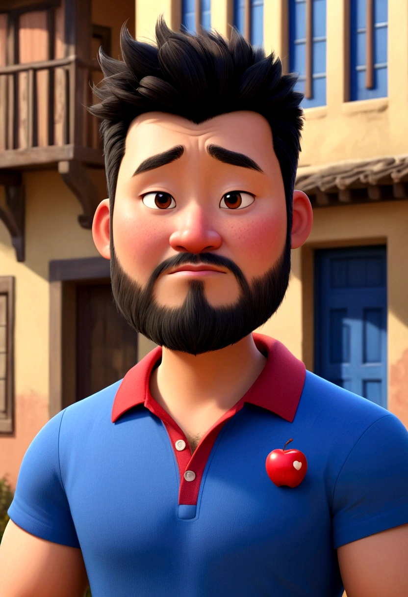 A cartoon MAN, chubby standing in front of a building THIRTY FIVE year old man, Cao Cao,  Growing beard and short black hair spiky Scenario, BROWN COLOR, large nose, with hole in the chin, apple evident, not disney pixar style, wearing a blue polo shirt with a red heart on the left chest, with black jeans
