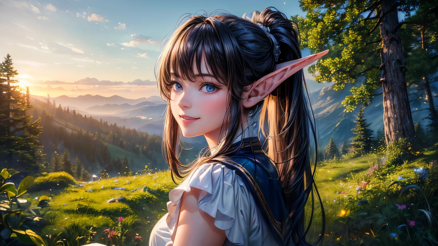 (masterpiece, Highest quality:1.3), (Super detailed:1.2), (hyperRealistic:1.3), (RAW Photos:1.2), High-definition RAW color photos, Professional photos, (PhotoRealistic:1.4), (Realistic:1.4),Professional Lighting, Perfect Anatomy,(Bright smile:1.2),High detail, Sharp focus,One girl,Mountain,forest,Elf,Gazing into the distance,Long black hair,Ponytail,blue eyes,Long skirt,sitting