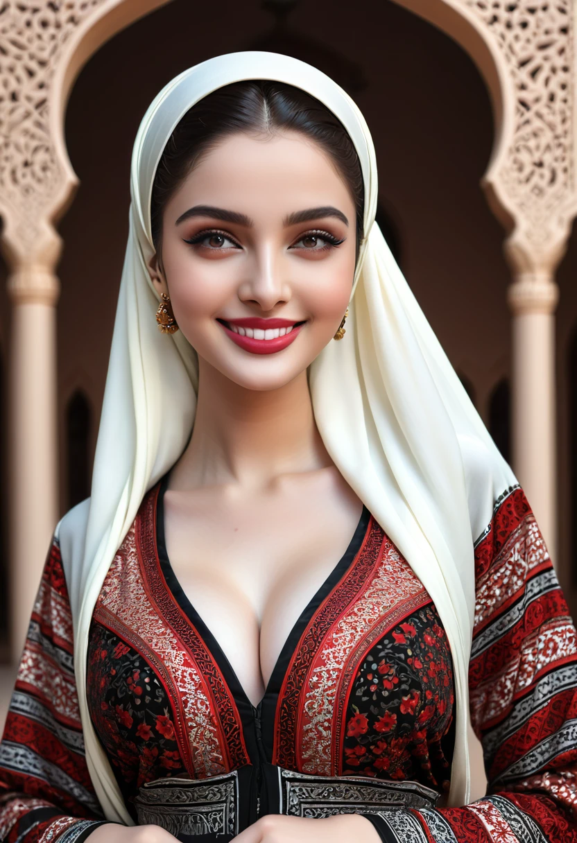 a hyperrealistic woman,  flirtatious smile,  Long hijab, close hijab, brown eyes,  pale skin,  photorealistic. instagram influencer,  20-year-old woman,  model,  full body,  happy look,  curvy figure, big breast, slim waist full body, in Sanaani traditional attire with red and black pattersn, in Sanaani Abaya , putting on modern Hijab, no make up