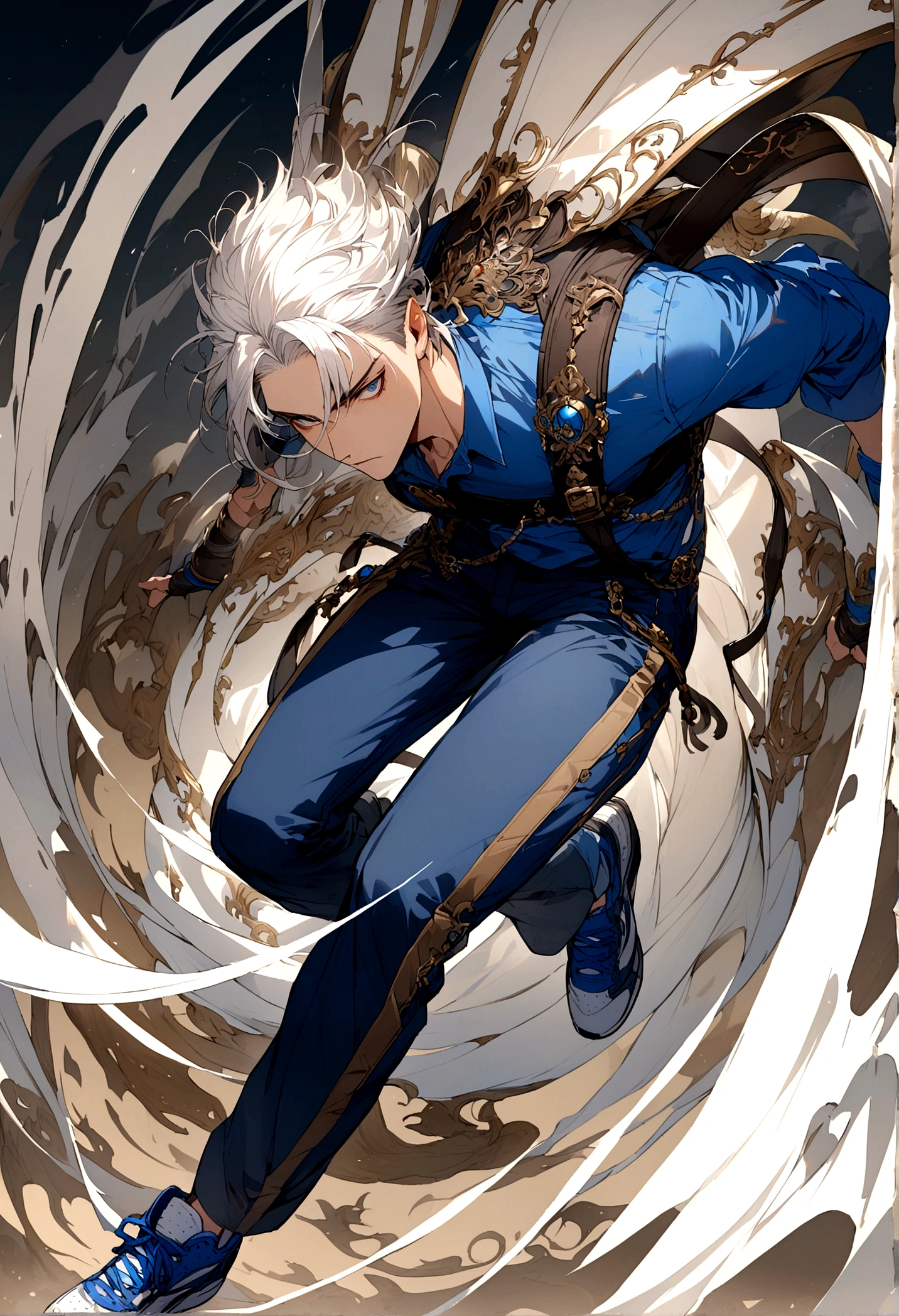 Male game character with white hair, blue shirt with white stripe and blue pants on the front and brown on the back and blue sneakers with black .