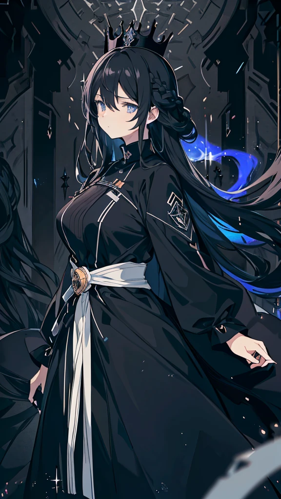 best quality, extremely detailed, anime style girl, long hair down to the waist, straight hair, dark black hair with bluish,crown braid,beautiful detailed eyes, pinched eyes, dark blue eyes, gradation eyes,huge breasts,((((black atmosphere)))),((Luxurious room)),((((cool)))),from side,sparkling eyes