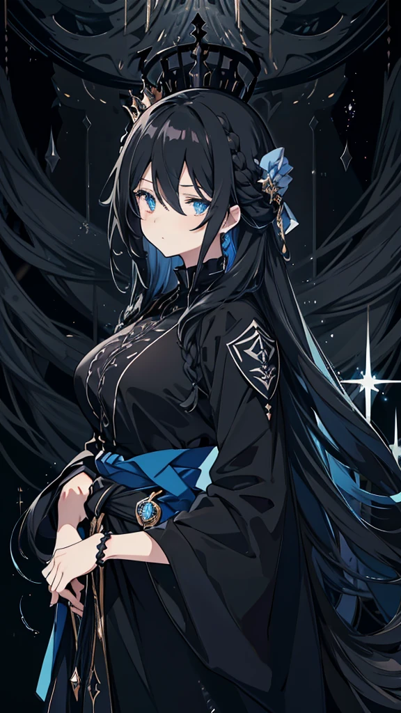 best quality, extremely detailed, anime style girl, long hair down to the waist, straight hair, dark black hair with bluish,crown braid,beautiful detailed eyes, pinched eyes, dark blue eyes, gradation eyes,huge breasts,((((black atmosphere)))),((Luxurious room)),((((cool)))),from side,sparkling eyes