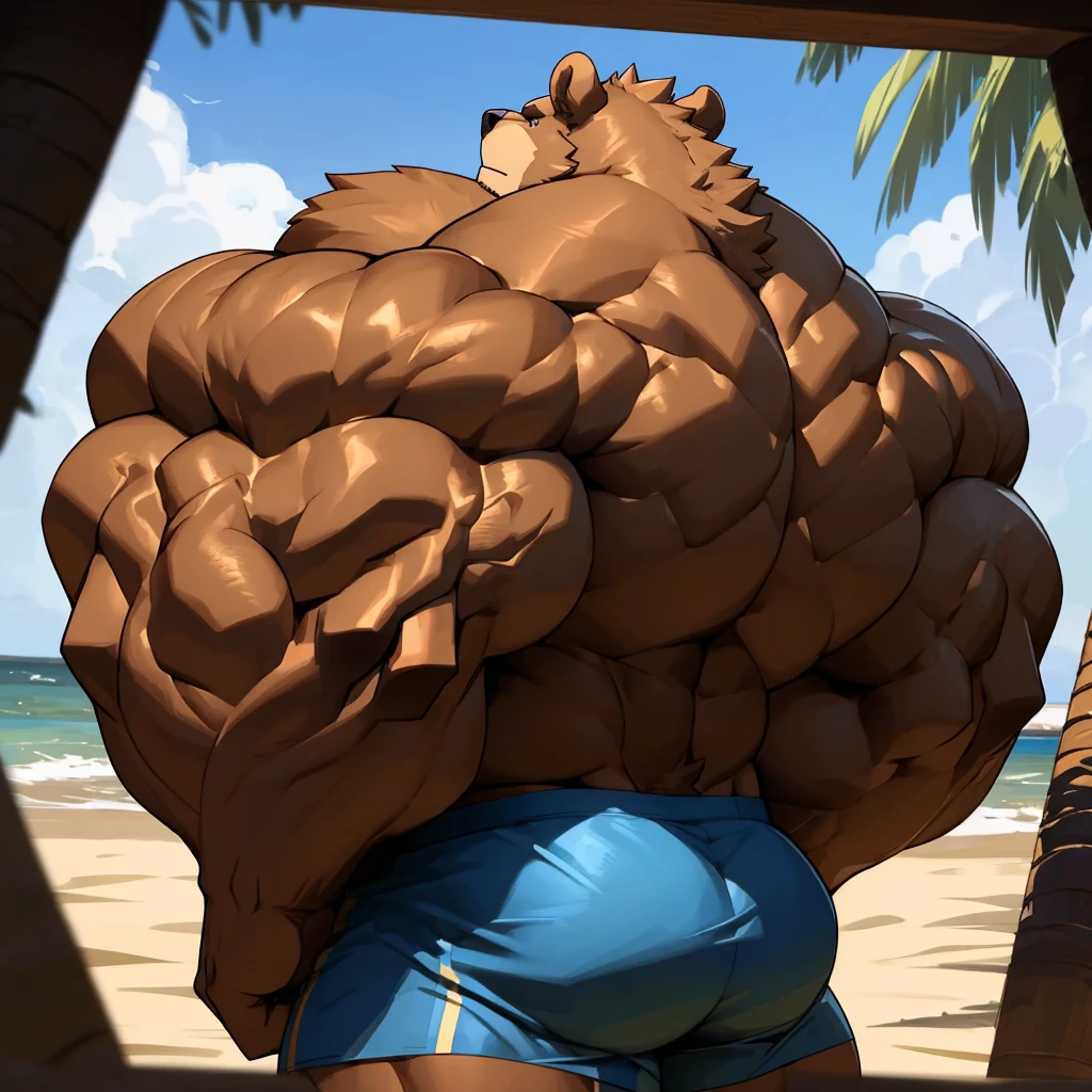 solo, 1boy, beach, size different, extremely huge muscular, massive muscular, grizzly bear, full-body, well-muscled bring shirtless in a black swim trunk shorts in beach. Flexing his arms. ((extremely muscle size, super thick arms, huge back, thick brown fur, extremely wide back and shoulder , huge arms)). and add details to make it attractive and interesting. Add textures and details to make the image more realistic, such as the appearance of the shirt texture and the appearance of the skin. Make sure the resulting image is high resolution, 8K quality.", simple background, masterpiece, high detailed, 8k, high resolution