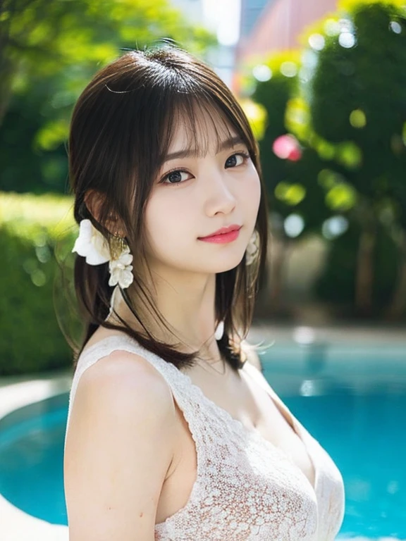 1girl, 25 years old woman, medium breasts, cute face, beautiful face, (perfectly detailed face), ((looking at viewer)), Hands behind the body, hands behind head, Simple Background, One-piece swimsuit, poolside, sexy pose, standing by the pool, full body visible, waki, photorealistic, (bokeh), UHD, anatomically correct, highres