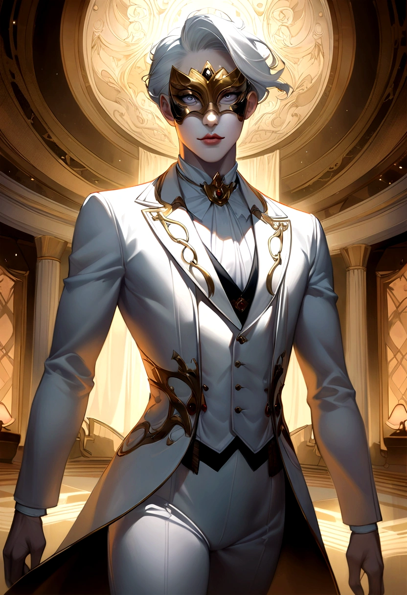 Tafah, Highest quality, (Single focus), (Perfect face:1.1), (High detail:1.1),dramatic, 1guy, (Pale skin), Long white hair, White eyes, [Light eyebrows], Single, Venetian mask, White luxury suit, Covered navel, The lips, Covered, ballroom, Detailed background, Art by Artgerm and Greg Rutkowski,  Cinema lighting, log in