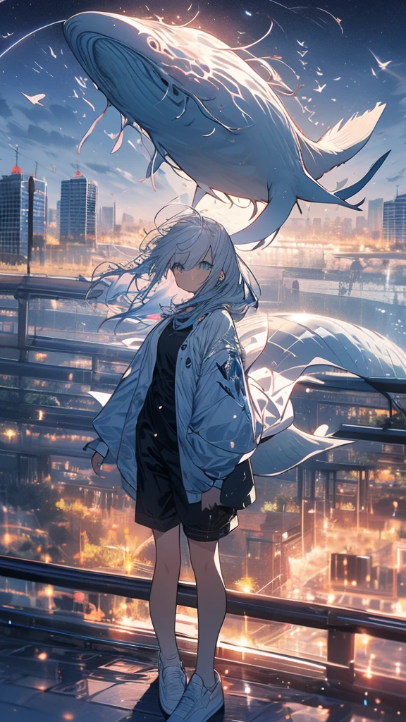 Angelic, detailed woman, sunrise, rainbow, After the Rain, horizon, In the sky, city , Lens flare, colorful,coat, Put your hands in your pockets,(student, 18-year-old, JK, Her short silver hair sways, Pale skin,) Look up at the sky, Beautiful sky, The scenery is beautiful., 広いLook up at the sky, Colorful summer flowers are blooming everywhere., I see the wind blowing and shining, In the skyは正午の月と正午の星がある,From below, break ,quality(8K,非常に精細なCGユニットのwallpaper, masterpiece,High resolution,top-quality,top-quality real texture skin,Surreal,Increase the resolution,RAW Photos,最高quality,Very detailed,wallpaper,Cinema Lighting,Ray Tracing,Golden Ratio),Have a long-term perspective