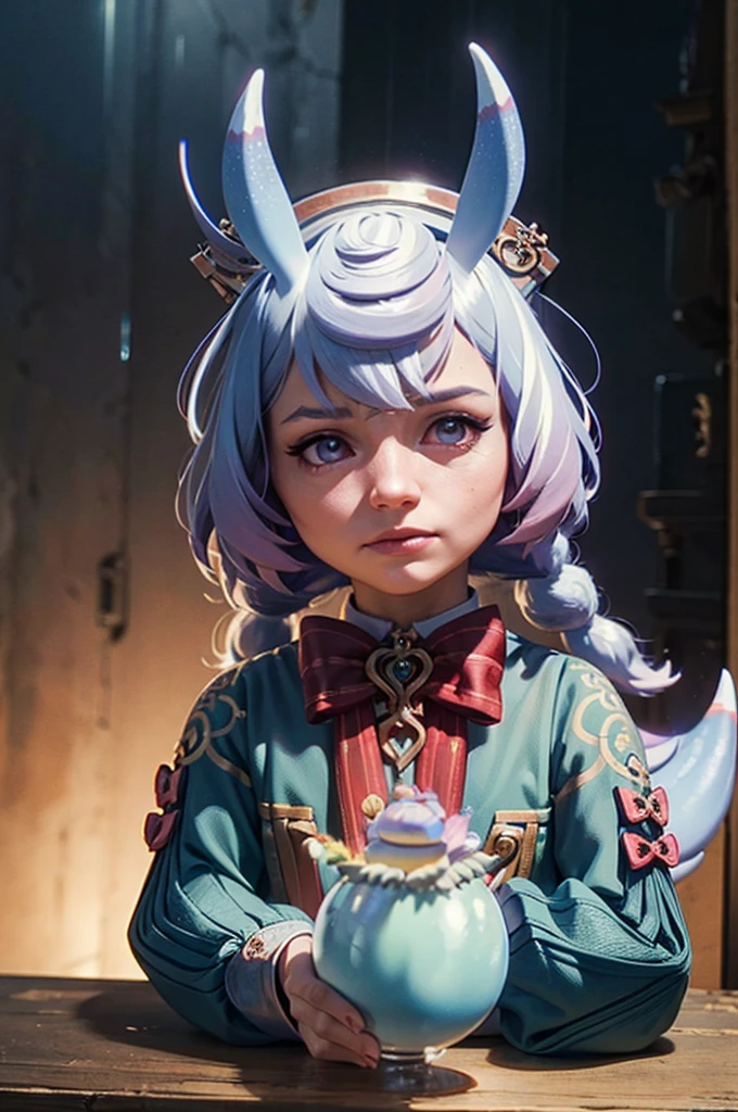 A young small girl in realistic painting portrait of high quality and detail, Sigewinne (Genshin Impact), although she has a uniquely human-like complexion and set of hands. Her pink eye color, tall blue ears with frosted tips and curled tail are much more reminiscent of a typical Melusine seen around Fontaine. Her hair color is pastel blue fading to a purple with white highlights. movie style, full-length, dark and mysterious atmosphere, glow, eye shadow, 1girl, thriller fantasy, Depth & Perspective, dramatic expression on her face, an intimidating look. She has a huge medical syringe in her hands, Mystical powers, fine face, She stands on the battlefield, outdoors, rain on the sky, thunderclaps in the sky in the background, dark cloud, looking at viewer, (ultra-high detail:1.2), Masterpiece, Best Quality, Ultra-detailed, Cinematic lighting, 8K, delicate features, cinematic, 35 mm lens, f/1.9, highlight lighting, global lighting –uplight –v 4, Cinematic lighting, 8K, high quality, Highest Quality, (Solo Focus), (extremly intricate:1.3), (Realistic), dramatic, masterful, Analog style, (Film grain:1.5), (warm hue, cold tone), destruction behind back