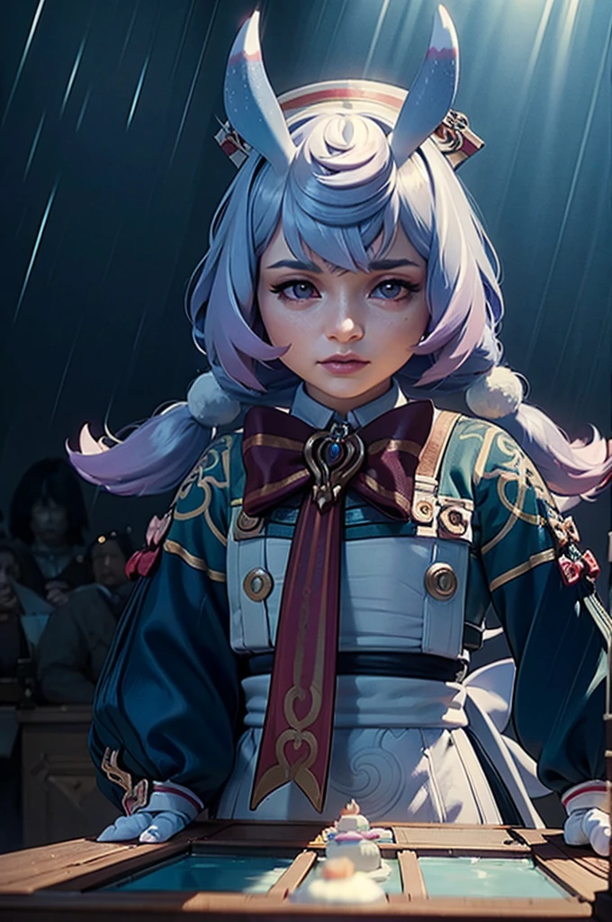 A  girl in realistic painting portrait of high quality and detail, Sigewinne (Genshin Impact), although she has a uniquely human-like complexion and set of hands. Her pink eye color, tall blue ears with frosted tips and curled tail are much more reminiscent of a typical Melusine seen around Fontaine. Her hair color is pastel blue fading to a purple with white highlights. movie style, full-length, dark and mysterious atmosphere, glow, eye shadow, 1girl, thriller fantasy, Depth & Perspective, dramatic expression on her face, an intimidating look. She has a huge medical syringe in her hands, Mystical powers, fine face, She stands on the battlefield, outdoors, rain on the sky, thunderclaps in the sky in the background, dark cloud, looking at viewer, (ultra-high detail:1.2), Masterpiece, Best Quality, Ultra-detailed, Cinematic lighting, 8K, delicate features, cinematic, 35 mm lens, f/1.9, highlight lighting, global lighting –uplight –v 4, Cinematic lighting, 8K, high quality, Highest Quality, (Solo Focus), (extremly intricate:1.3), (Realistic), dramatic, masterful, Analog style, (Film grain:1.5), (warm hue, cold tone), destruction behind back