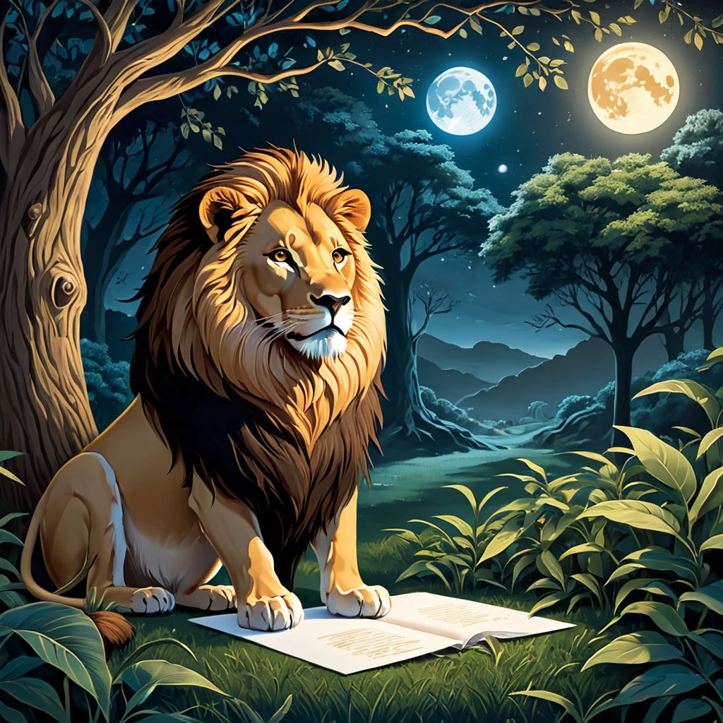 (((Masterpiece artwork))), best qualityer, illustration, beautifuldetailedglow, paper_hackear, lion, tree, ..moonligh