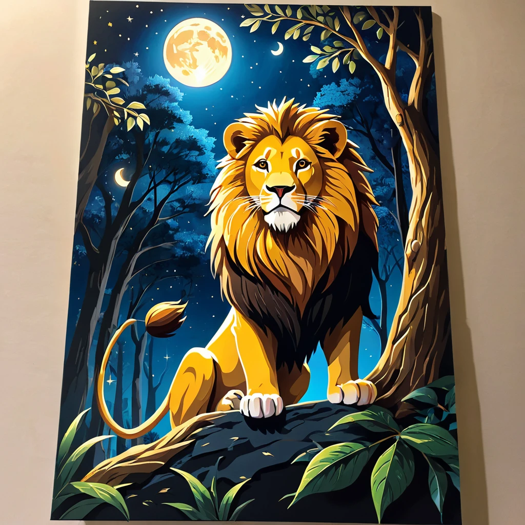 (((Masterpiece artwork))), best qualityer, illustration, beautifuldetailedglow, paper_hackear, lion, tree, ..moonligh