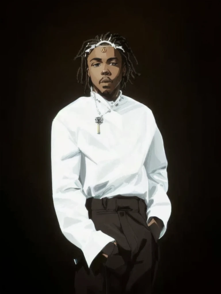 Subject: Kendrick Lamar 

Creative detailed descriptions: Wearing a white shirt and dark pants, this enigmatic character stands with their face hidden from view. A silver chain with a pendant hangs gracefully around their neck. Their posture exudes a sense of stillness, with one hand casually tucked into their pocket.

Environment: Japanese city

Mood/Feelings and atmosphere: A sense of intrigue and suspense fills the scene, capturing the essence of the unknown.

Artistic medium and techniques: Embracing the 80s anime style, vibrant colors and bold lines bring the character to life. Dynamic shading and exaggerated proportions enhance the dramatic effect.

Artists, illustrators, painters, art movements: Inspired by the works of Hayao Miyazaki, Akira Toriyama, and the influential anime movement of the 1980s.

Camera settings: Utilize a high-quality digital camera, adjust the lighting to accentuate the character's features, and apply post-processing techniques to achieve the desired anime aesthetic.