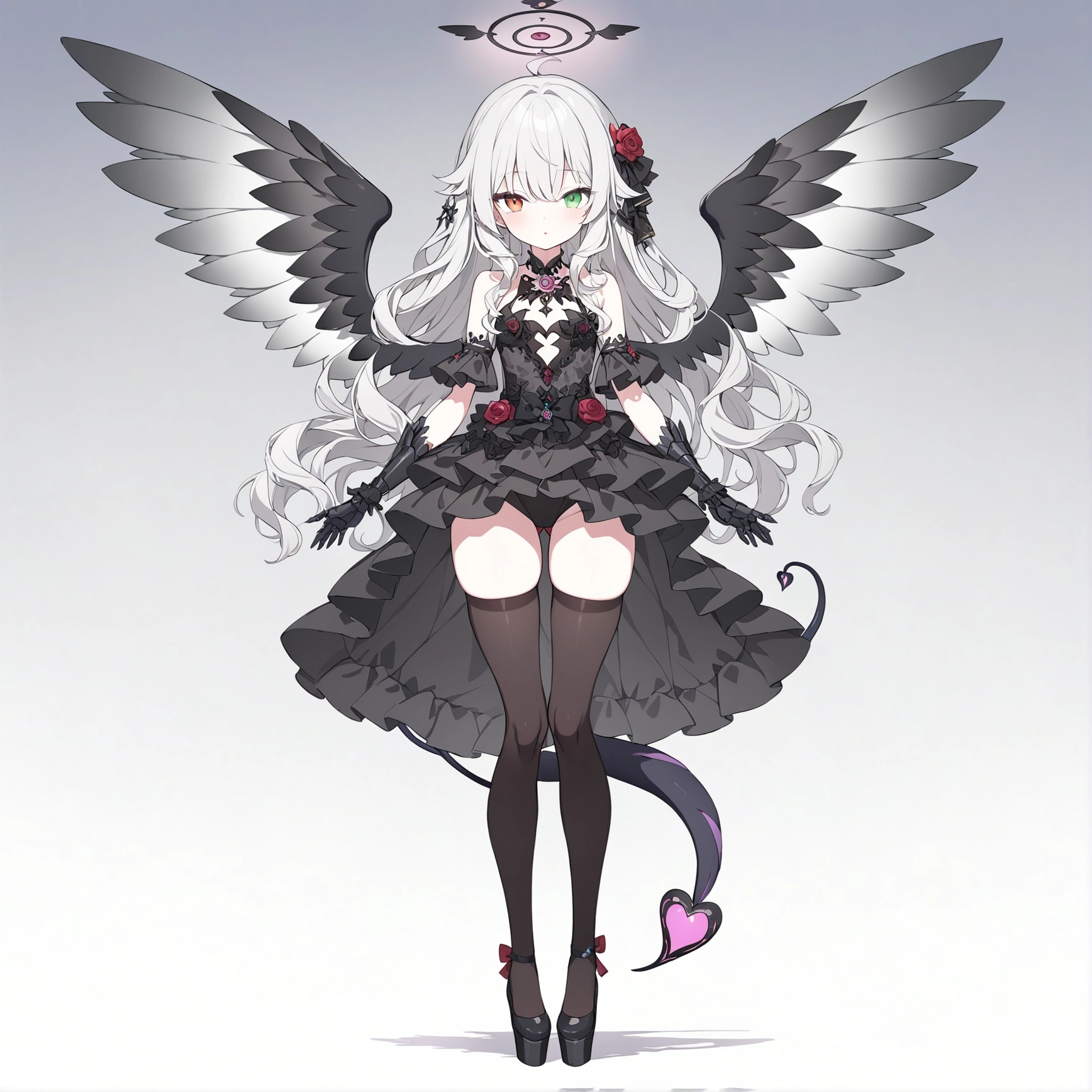 woman 160 cm tall, slim build. (character design sheet: front view). Long Wavy Gray Hair with Knee Length Curls. (heterochromia: one light green eye and one amber eye). she has little ribbons in her hair, rose-shaped brooch on the right side of the hair. extremely detailed face, small face, Beautiful detailed eyes, beautiful detailed lips. adorable, extremely detailed legs, (Best Quality, 4k, 8k, high resolution), ultra detailed, Exquisite and epic character art... Black high stockings with gold star print... Black platform heels, Intricate One-Piece Dress with Low Waist and Ruffle Lace.. It has complex mechanical arms that reach up to the forearm, black with small red thorn patterns.... dark gray belt at the waist with a small blue crescent, black necklace on the neck with rose-shaped decoration. He has small angel wings on his back that are dark blue and black.... It has a succubus tail that ends in the shape of a heart. Wide hips. Wears a luminous gray and black halo with rose patterns... (small chest size). beautiful detailed wings. beautiful detailed hair, beautiful detailed dress. extremely detailed arms.
