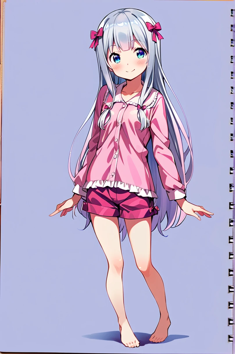 1girl, long hair, solo, izumi sagiri, pajamas, full body, bow, grey hair, standing, blue eyes, barefoot, pink bow, hair bow, looking at viewer, blush, very long hair, smile, shirt, shorts, closed mouth, simple background, white background, long sleeves, frills, pink shirt, ribbon, pink shorts, pink pajamas, collarbone, bangs,