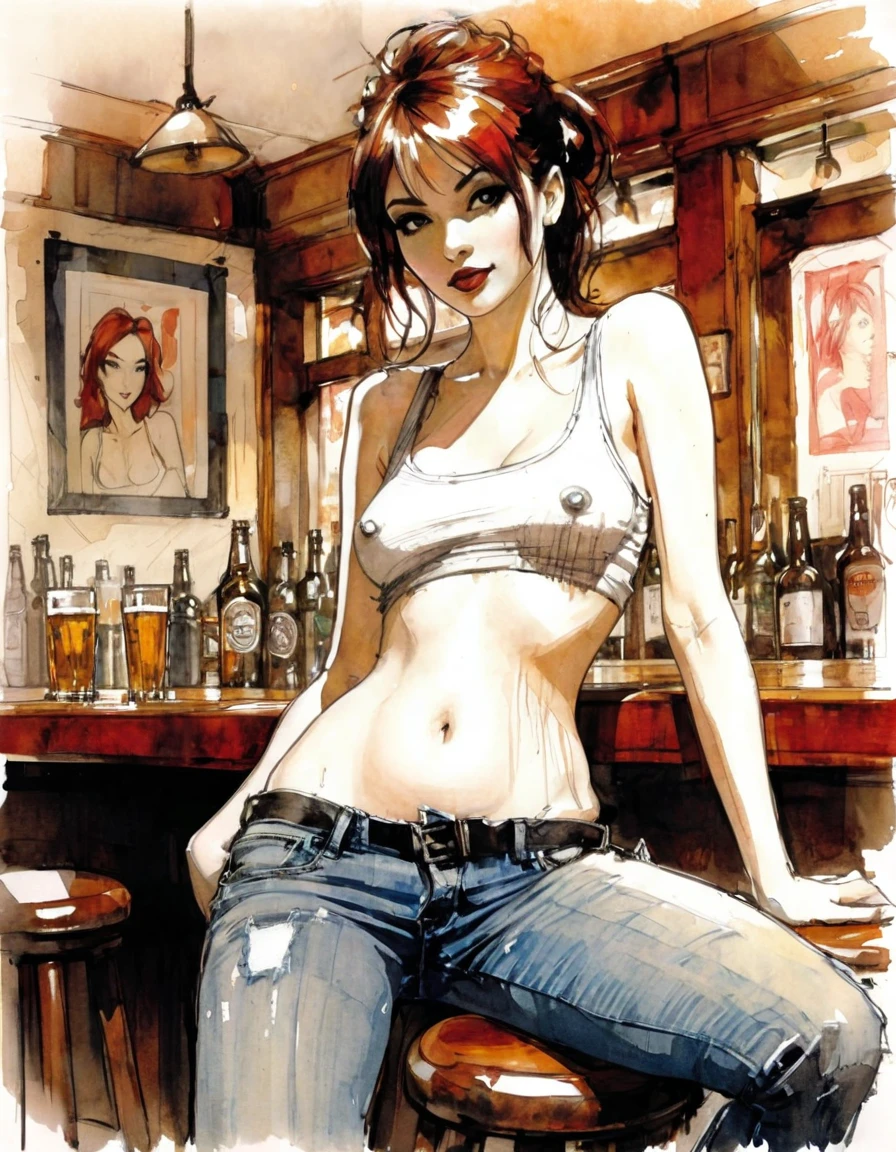 sexy girl, jeans and tank top, small breasts, marked nipples, the art of eroticism, in a pub, tmari, sketch, traditional media, pen drawing, white background (art inspired by Bill Sienkiewicz). oil painting)