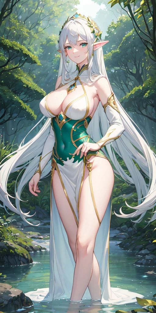 ((Best quality, 8K, masterpiece:1.4)), Anime elf woman, full body, very large breasts:1.5, wide hips, big butt:1.4, slender waist, detailed face, long pointed ears, long flowing silver hair, bright green eyes, wearing a flowing green dress, standing in a lush forest, trees and foliage highly detailed, detailed eyes, thin waist, highly detailed face and skin texture, looking straight at the viewer with a gentle smile, forest bathed in moonlight, magical atmosphere, realistic light and shadows, ethereal beauty, elegant posture, tall mysterious man with completely white skin, bald, wearing a black robe, standing nearby, adding a contrasting aura