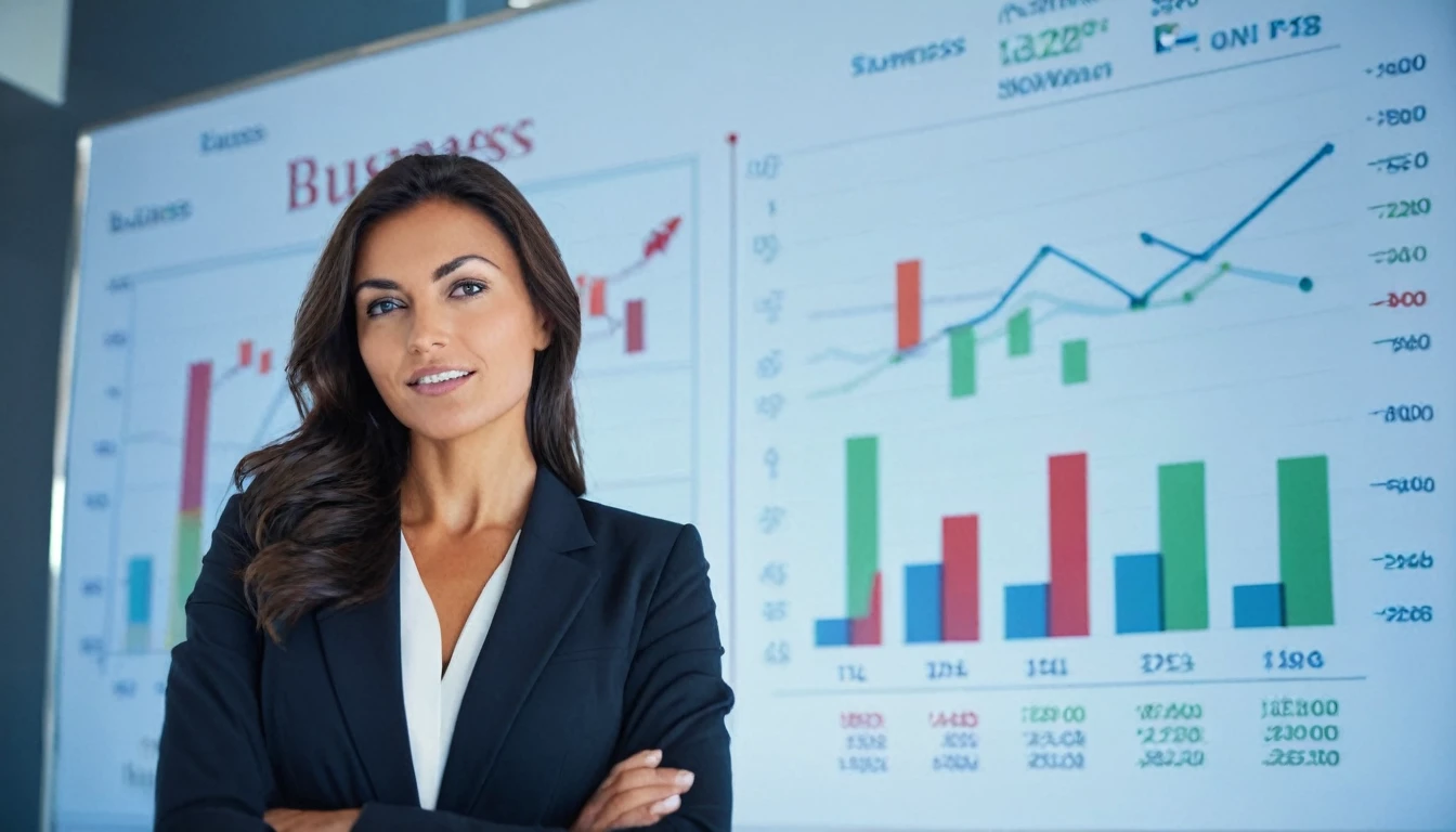 A confident businesswoman standing in front of a presentation screen showing business growth charts