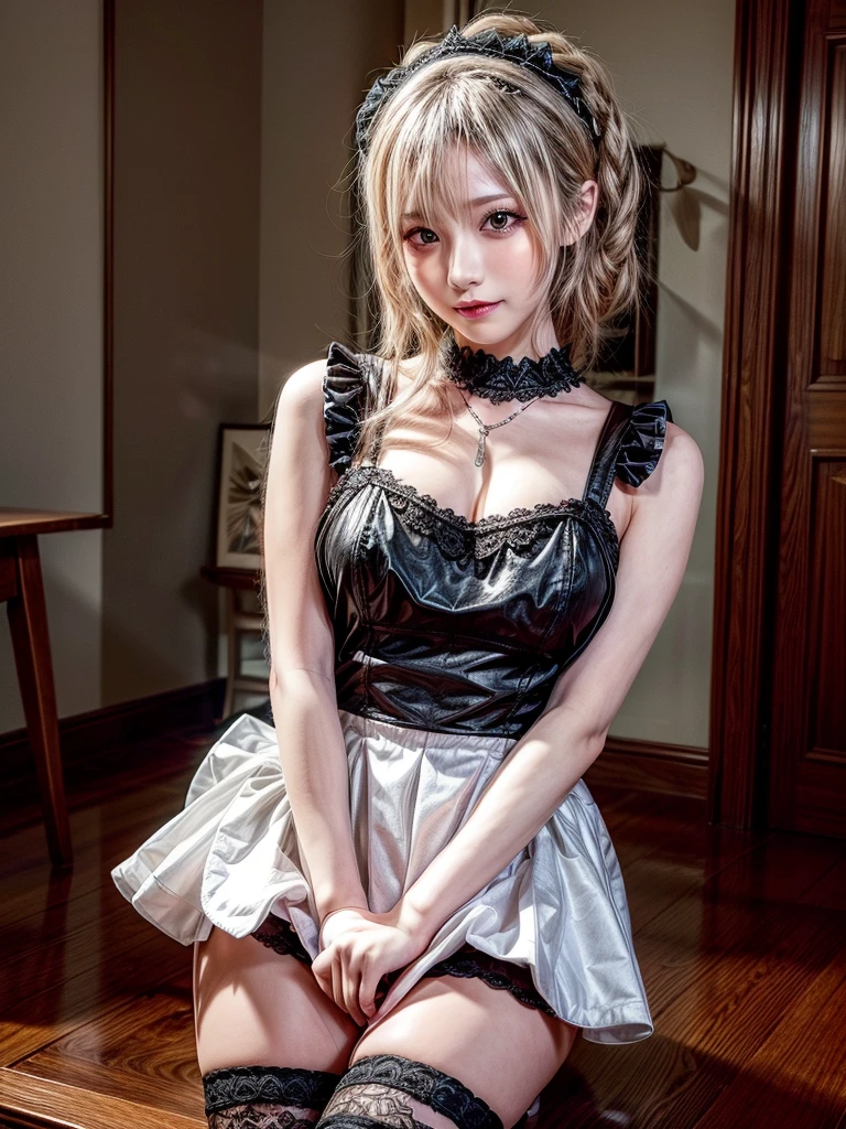 (8K, Photorealistic, Raw photo, of the highest quality: 1.3), (1girl in), Super beautiful, (Realistic face), (boyish, Silver Color Berry Shorthair), Beautiful , Glare that captivates the viewer, Beautiful expression, Beautiful breasts, (Realistic skin), Be...Super high quality, super high definition, super detailed, masterpiece, 20years old, female, cute, perfect face, beautiful, nice body, gothic ta clothes, gothic loliashion, frilly skirt, headdress, necklace, bracelet, knee-high socks, boots, double eyelids, tear bags, Detailed down to the fingers, photo-like description, indoors, dim indoor lighting, blonde hair, pony tail, standing, whole body, composition that shows the whole body, smiling