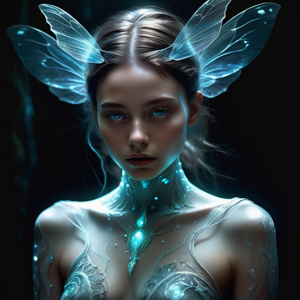 A mesmerizing hyperrealistic digital painting by Nicola Samori featuring a captivating bioluminescent anthropomorphic girl with translucent skin and intricate, glowing details. Her striking beauty is accentuated by the enchanting ethereal atmosphere, dramatic chiaroscuro lighting, and a rich color palette. The dreamlike fantasy setting is further enhanced by the dreamy atmospheric lighting, creating a high-quality, 8k masterpiece that showcases the artist's exceptional skill and attention to detail.