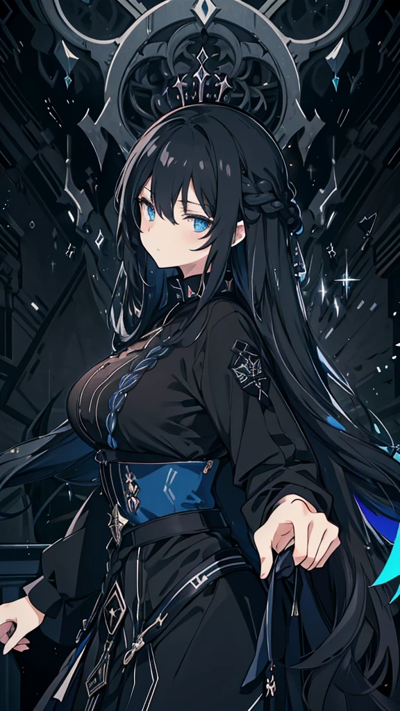 best quality, extremely detailed, anime style girl, long hair down to the waist, straight hair, dark black hair with bluish,crown braid,beautiful detailed eyes, pinched eyes, dark blue eyes, gradation eyes,huge breasts,((((black atmosphere)))),((Luxurious room)),((((cool)))),from side,sparkling eyes 