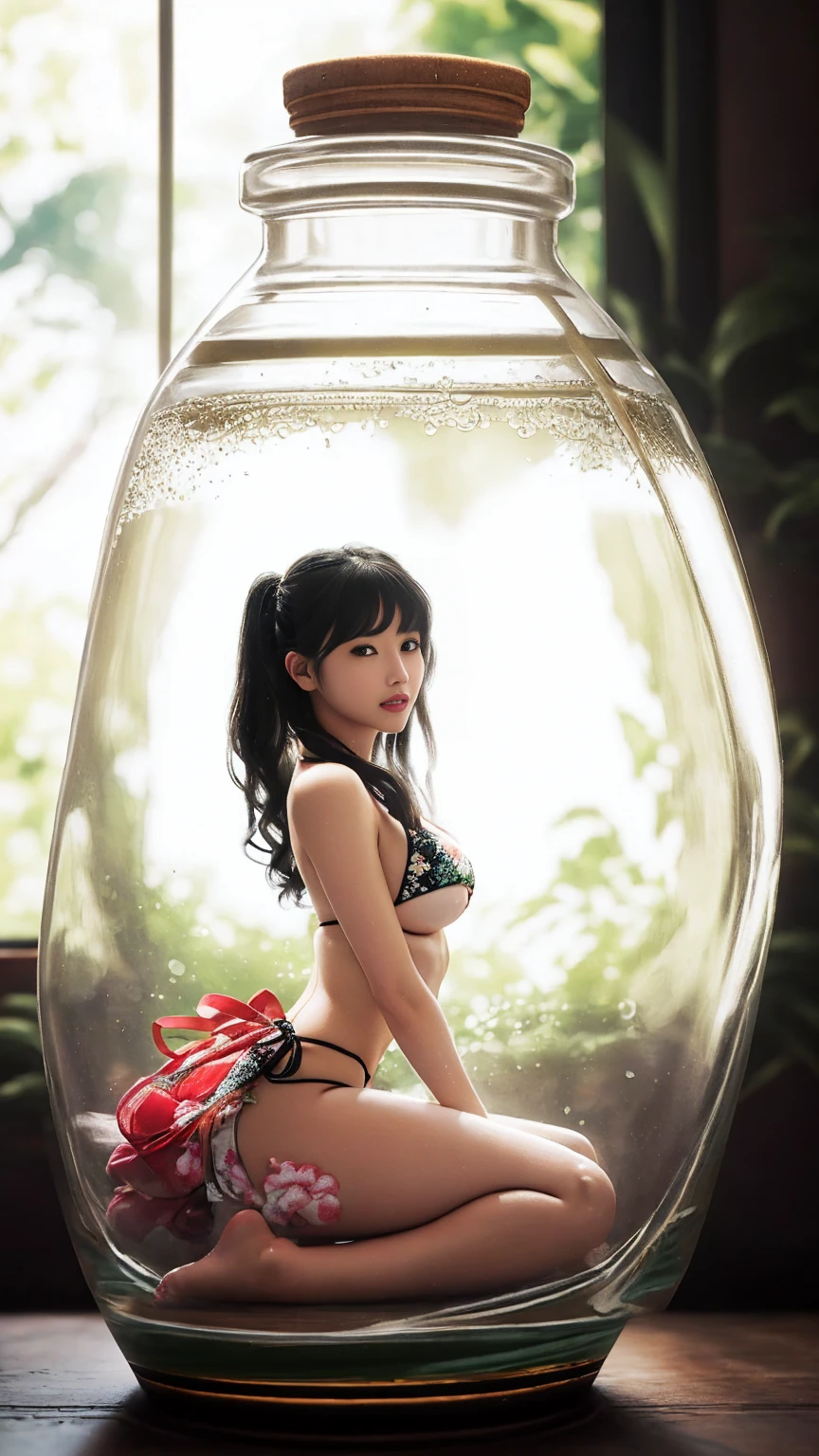最high quality、high quality、Best image quality、8K、最High resolution、High resolution、最high quality、masterpiece、RAW Photos、whole body写真、Detailed and realistic human body、Detailed and realistic skin、Realistic face in every detail、Detailed and realistic eyes、Detailed and realistic lips、Detailed and realistic teeth、Detailed and realistic ears、Detailed and realistic hair、Realistic reproduction of every detail、((Beautiful Hands(thumb1、reference4))、Realistic feet down to the last detail、((Beautiful Japanese Girl))、(Japanese Model)、 ((18 year old beautiful girl))、(Black Hair)、(Random Hairstyles)、((whole body))、((Slim and perfect figure))、(Beautiful and firm breasts)、(whole body光沢肌、Fair skin)、((Girl in tropical print bikini))、((Girl trapped in a glass bottle))、((Highly transparent glass bottle(彼女のwhole bodyがすっぽりと入る大きなガラス瓶))、((A glass bottle with a girl inside is placed on the desk))、Sexy pose