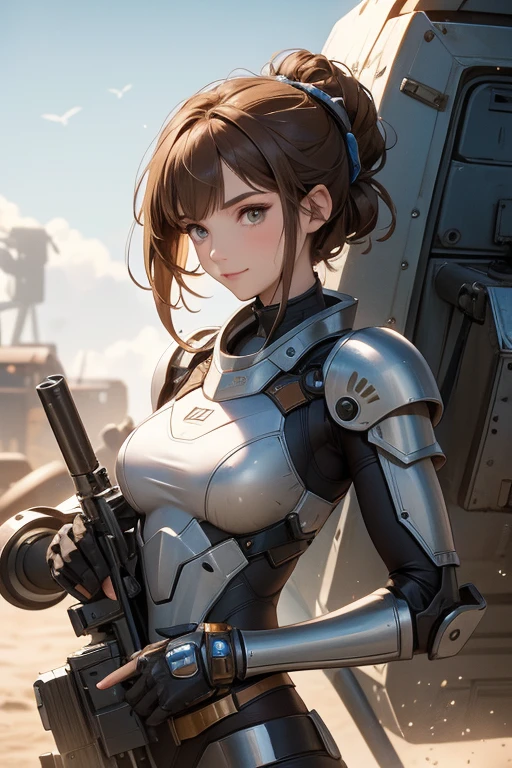 Caucasian teenage girl with short brown hair. She wears a brown tank cannon on her head has an rob cannon one one arm, and wears a steel roboticsuit of armor. she's smiling