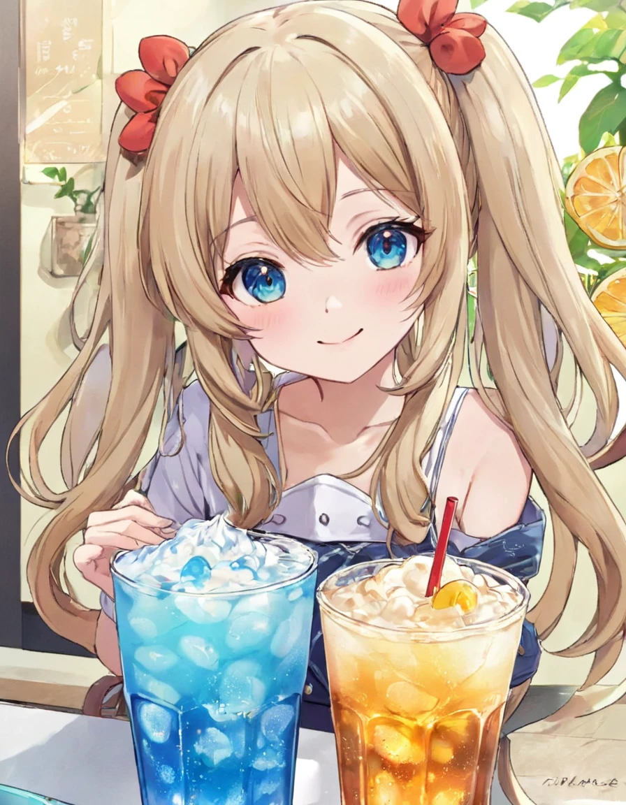 窓のあるテーブルで緑色のcream sodaを飲むアニメの女の子, Light blue long hair、Twin-tailed Girl、Bright smile、cream soda、Cute realistic portrait, Cute girl anime visuals, Soda themed girl, Cute Anime Girl, Anime Moe Art Style, With a straw, Splash art anime 