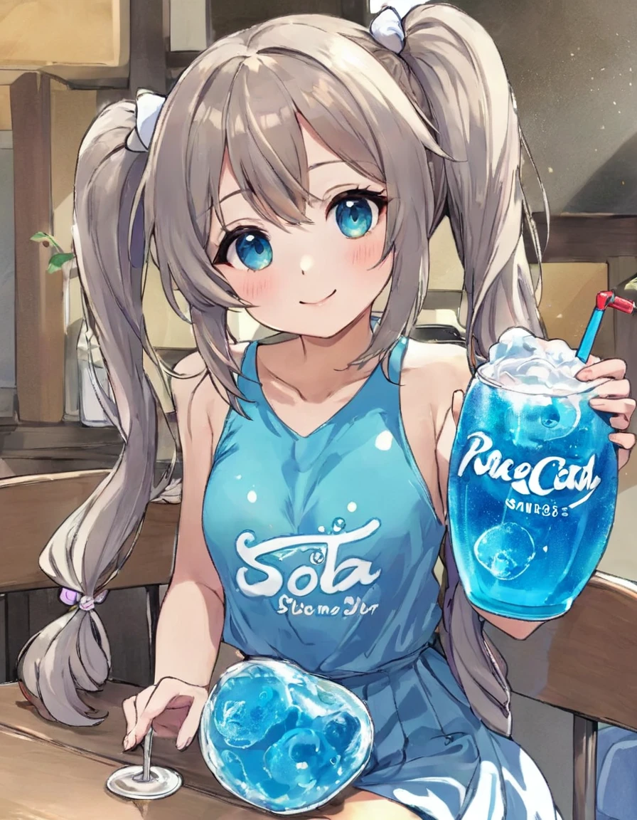 窓のあるテーブルで緑色のcream sodaを飲むアニメの女の子, Light blue long hair、Twin-tailed Girl、Bright smile、cream soda、Cute realistic portrait, Cute girl anime visuals, Soda themed girl, Cute Anime Girl, Anime Moe Art Style, With a straw, Splash art anime