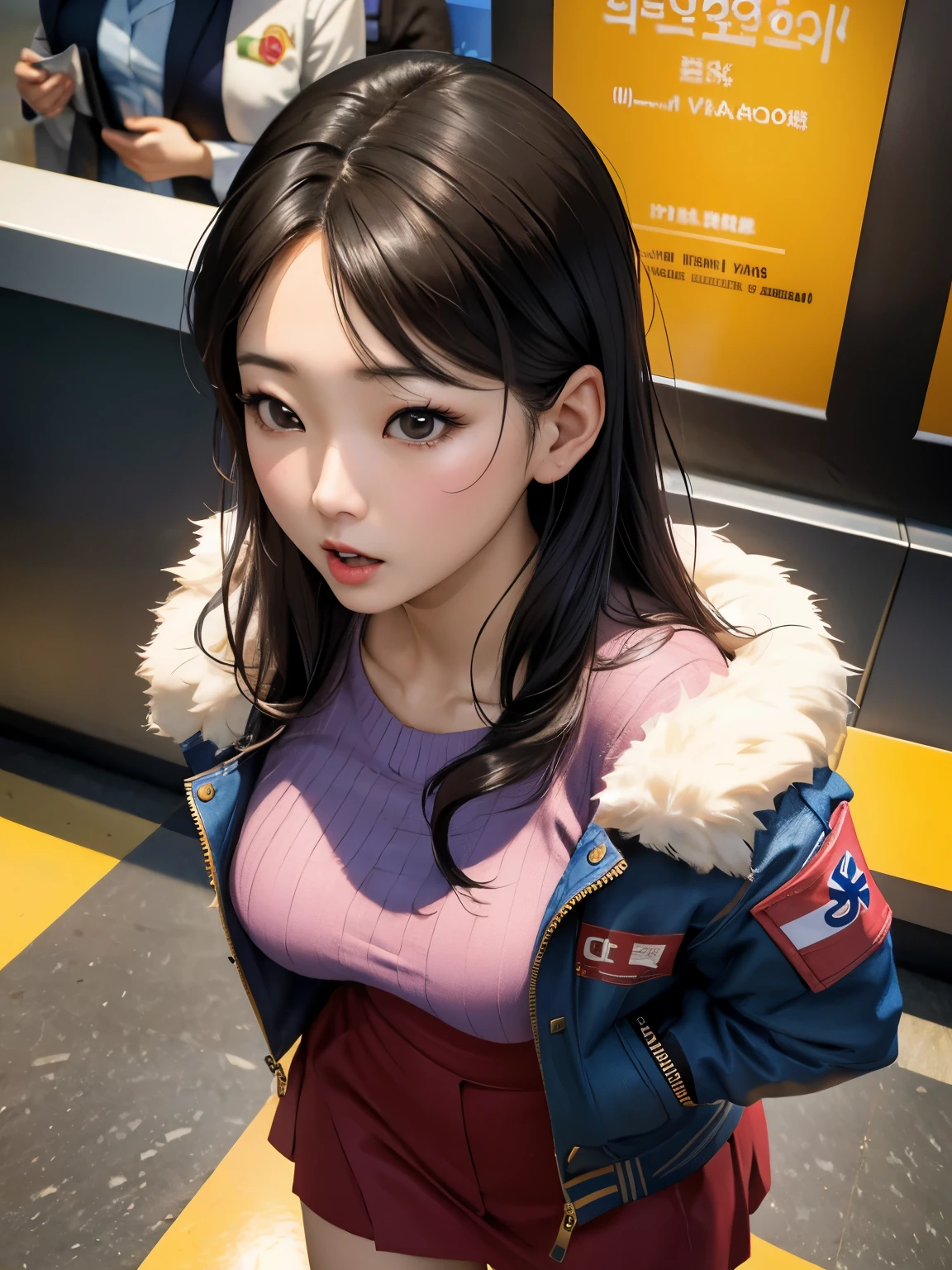 Korean sexy girl, (38 years old), in the airport, jacket, worried expression, (from above view), (masterpiece, best quality, extremely detailed, hyper realistic)