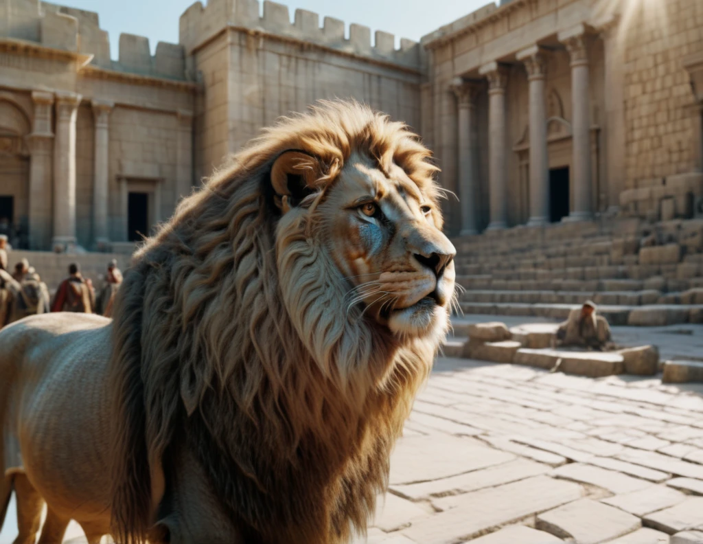  the chronicles of narnia, Aslan in the Jerusalem, Solomon Temple in the background, hyper-realistic close-up image, 8k resolution, cinematic lighting, UHD, HDR, RAW,  intricated details, color grading,  gradient map, epic masterpiece, film poster style, delicate detailing,subtle texture,soft-focus effect,soft shadows,minimalist aesthetic,gentle illumination,elegant simplicity,serene composition timeless appeal,visual softness,extremely high quality high detail RAW color photo,professional lighting,sophisticated color grading,sharp focus,soft bokeh,striking contrast,dramatic flair,depth of field,seamless blend of colors,CGI digital painting,cinematic still 35mm,CineStill 50D,800T,natural lighting,shallow depth of field,crisp details,hbo netflix film color LUT,32K,UHD,HDR,film light,panoramic shot,breathtaking,hyper-realistic,ultra-realism,high-speed photography,perfect contrast,award-winning phography,directed by lars von trie