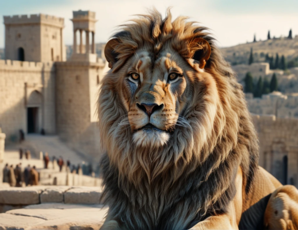 the chronicles of narnia, Aslan in the Jerusalem, Solomon Temple in the background, hyper-realistic close-up image, 8k resolution, cinematic lighting, UHD, HDR, RAW, intricated details, color grading, gradient map, epic masterpiece, film poster style, delicate detailing,subtle texture,soft-focus effect,soft shadows,minimalist aesthetic,gentle illumination,elegant simplicity,serene composition timeless appeal,visual softness,extremely high quality high detail RAW color photo,professional lighting,sophisticated color grading,sharp focus,soft bokeh,striking contrast,dramatic flair,depth of field,seamless blend of colors,CGI digital painting,cinematic still 35mm,CineStill 50D,800T,natural lighting,shallow depth of field,crisp details,hbo netflix film color LUT,32K,UHD,HDR,film light,panoramic shot,breathtaking,hyper-realistic,ultra-realism,high-speed photography,perfect contrast,award-winning phography,directed by lars von trie
