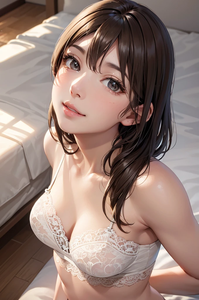 Best Quality,High resolution,8K,finelity detailed background,Masterpiece:1.2),beautiful girl,Shiny brown hair,asymmetrical hair,Brown eyes,Gentle look,A refreshing look,Best quality,Best Quality,Aesthetic and aesthetic:1.2,Best details((Super detailed))(High-definition CG illustrations),Grey underwear (gray,intricate lace),Slender body,morning,sunlight,Bedroom,On the bed,smile,blush,cute,Scrounge,Looking up,Being spoiled,super model,shoot from above