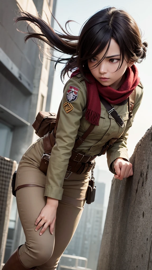 Draw Mikasa Ackerman, an iconic character from anime and manga "shingeki no kyojin" (Attack on Titan). She is known for her strength, agility and unwavering loyalty to your friends.Physical Details:muka:determined and serious expression.large, expressive eyes, usually showing a cold intensity.Bblack hair, smooth and short, usually cut at chin length with a slightly side-swept fringe.badass clothing:Uniform of the Exploration Troop (Survey Corps):Short brown jacket with the Survey Corps emblem on the sleeves and back.white shirt under the jacket.red scarf, an iconic item that Mikasa always uses, wrapped around the neck.Fitted beige pants.Brown leather knee-high boots, highres, up to the knees.Fixtures:Fixtures de Manobra Tridimensional (3D Maneuver Gear):Attached to the waist and legs, with twin blades and propulsion hooks.Gas tubes and levers to control movements.Posture and Action:Mikasa may be in a combat stance, with one blade in a defensive position and the other ready to attack.Alternatively, it can be drawn in motion, utilizando o Fixtures de Manobra Tridimensional, with hooks thrown and the body leaning forward, indicating speed and agility.scenario:The setting may be a city in ruins, typical of battlefields in "shingeki no kyojin".Additional details may include titans in the background or teammates in action.Colors and Shadows:Use a sober and realistic color palette, highlighting the red of the scarf and the brown of the jacket.Add dramatic shadows to enhance the intensity and dynamism of the scene.