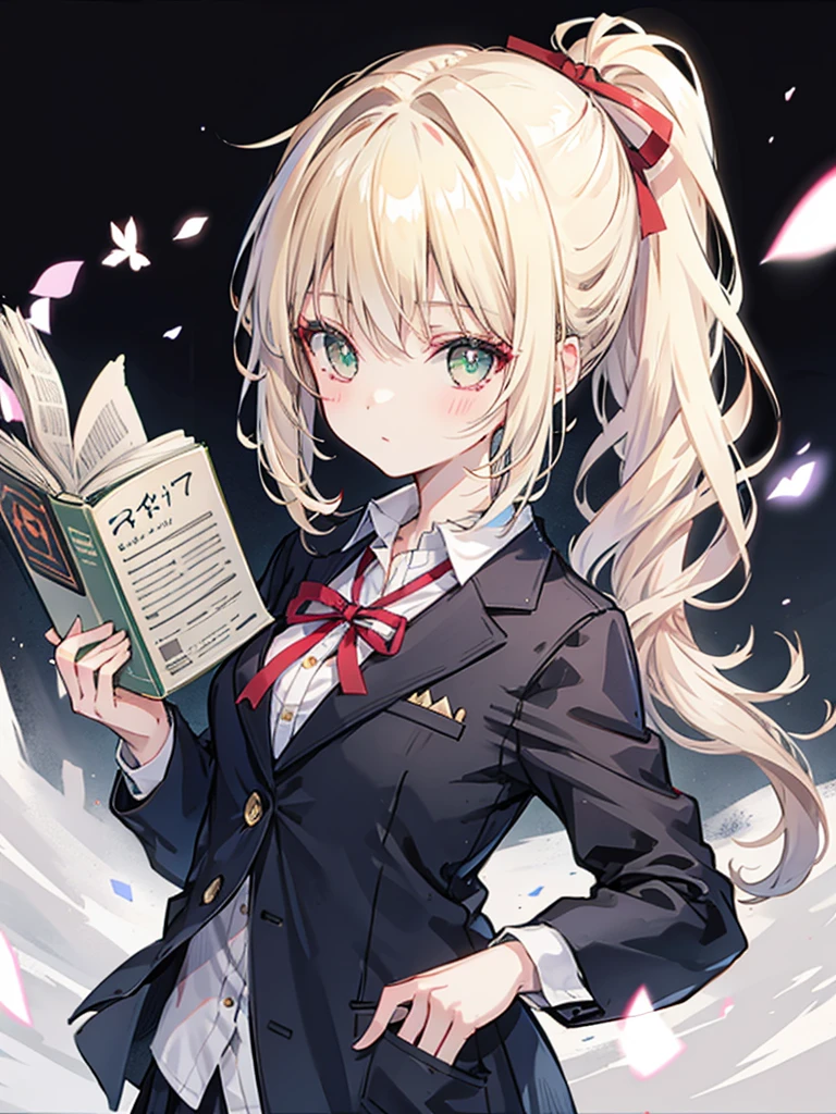 girl,blonde,straight-cut bangs,Hair tied in a low ponytail,straight hair,BREAK,green eyes,eye size:1.6,BREAK,White blazer with navy blue collar,,BREAK,red ribbon,holding textbooks and books,A wistful look,blush,I&#39;m embarrassed and a little angry,upward glance,( around )