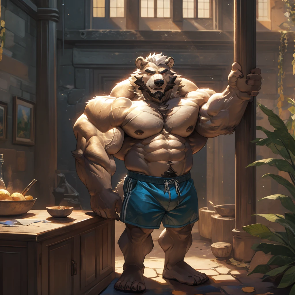 a huge muscular furry polar bear old man at the the Island of Crete, column ruins, huge shoulder muscle , shirtless, muscle, strong man, huge muscle, huge white fur, short hair, bearded, white hair and beard, huge white fur, wrinkles skinned, black short trunks, strong muscle, strong and intimidated, masterpiece, muscular, commission for high res, male, fantasy art, very very beautiful art, art painting , painting art