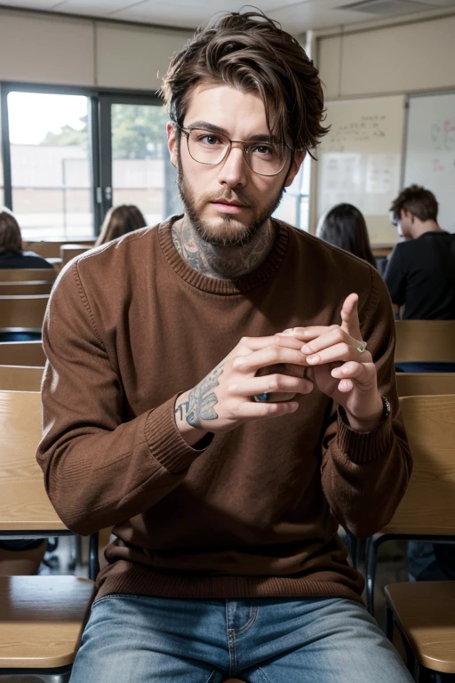 tall male teacher between benches with high school students, wearing wide frame glasses, a brown open-button sweater, wearing a rock group t-shirt with jeans, has some tattoos, moving hands, with medium hair and three-day beard.