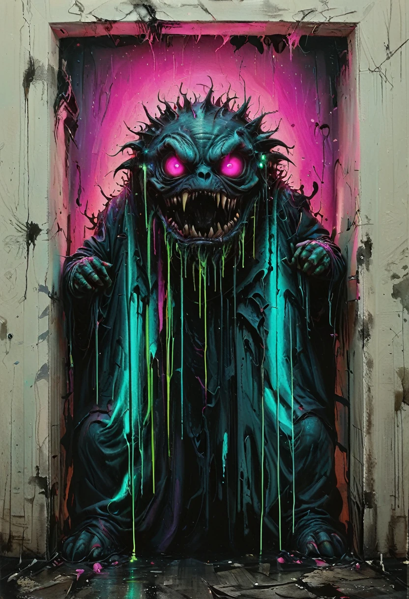 Monstrous entity emerging from dark corner, neon pastel, long shot